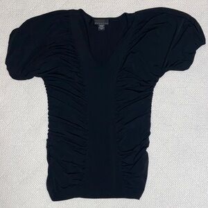 attention Black V-Neck Ruched Puff Sleeve Tee